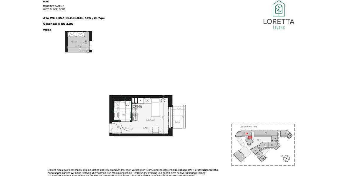 Etagenwohnung Düsseldorf Stadtbezirk 3 - 1 Zimmer, 24 m&sup2;, 640&euro; | Angebot:25349485