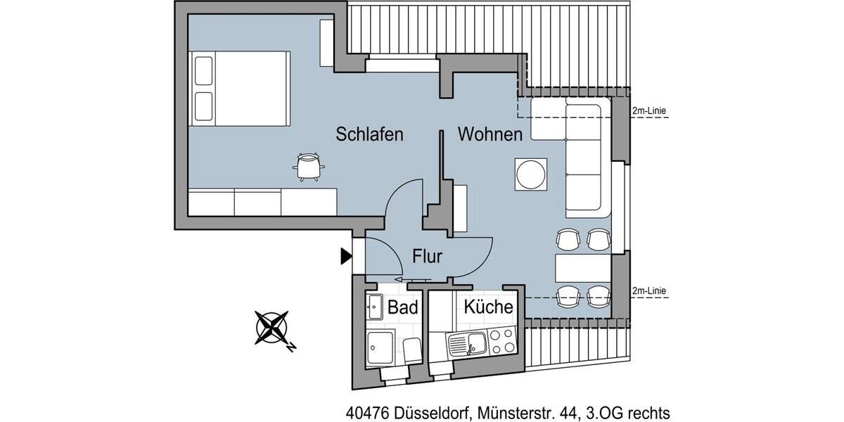 Etagenwohnung Düsseldorf Derendorf - 2 Zimmer, 42 m&sup2;, 537&euro; | Angebot:25210770