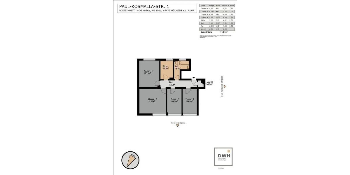 Etagenwohnung Mülheim an der Ruhr Heißen - 4 Zimmer, 80 m&sup2;, 699&euro; | Angebot:26023862
